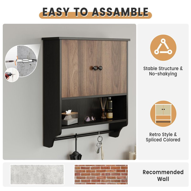 LuyFuitre Bathroom Wall Cabinets, Medicine Cabinet with Open Partition and Towel Bar for Bathroom, Living Room, Kitchen, Black & Walnut