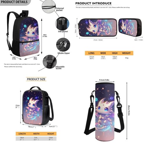 JEOCODY Cool Galaxy Dragon Backpack for Girls Boys Kids School Bag with Lunch Bag Pencil Case and Water Bottle Holder Set of 4 School Daypack Travel Bag Satchel Bagpack