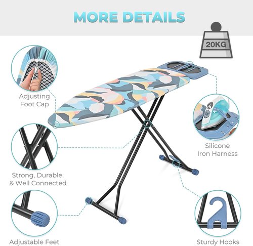 KINGBOARD Foldable Ironing Board - Heavy Duty Metal Panel with Rest | 7 Height Adjustable, 45 x 15, Deep Blue