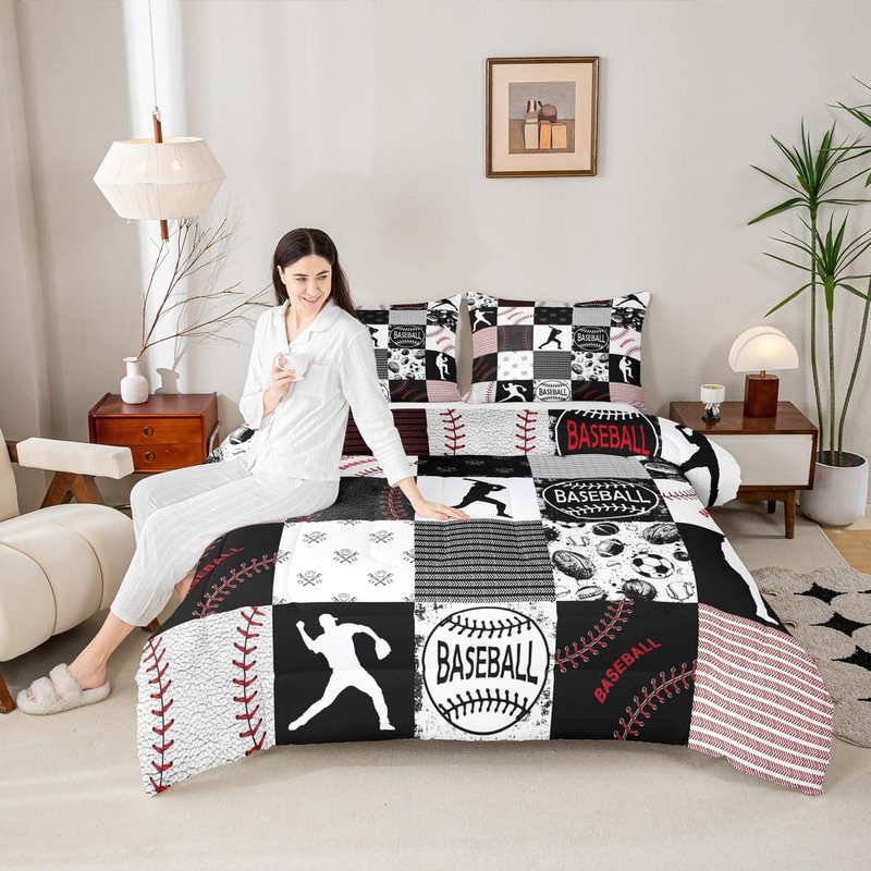Erosebridal Twin Kids Baseball Comforter Set Softball Bedding Set Sports Game Quilted Comforter for Kids Patchwork Down Comforter Baseball Gift Duvet Insert 2pcs, Red Black Gray,Twin