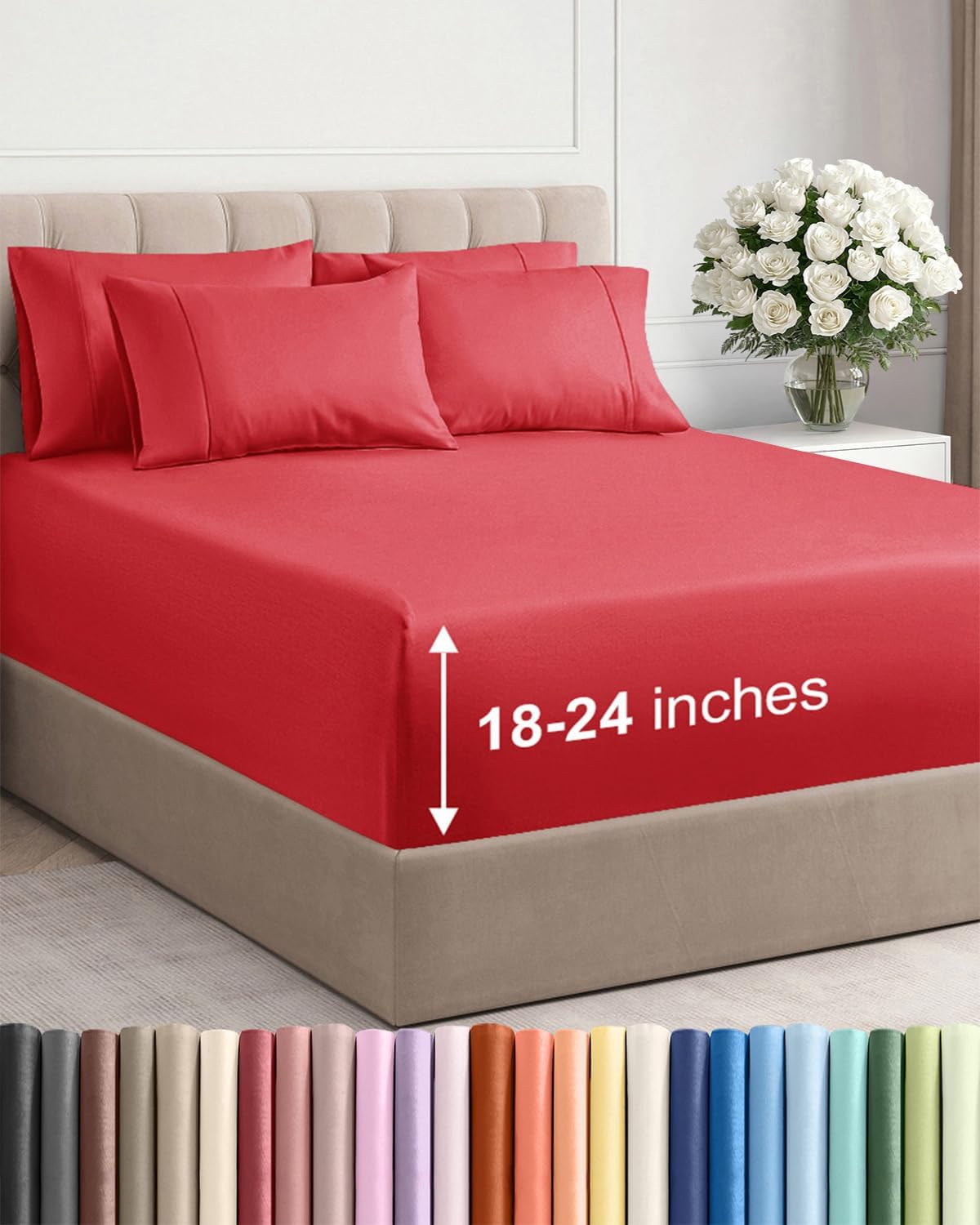 Skiennix Extra Deep Queen Sheet Set - 6 Piece Breathable Cooling Bedding - Soft, Wrinkle-Free Red