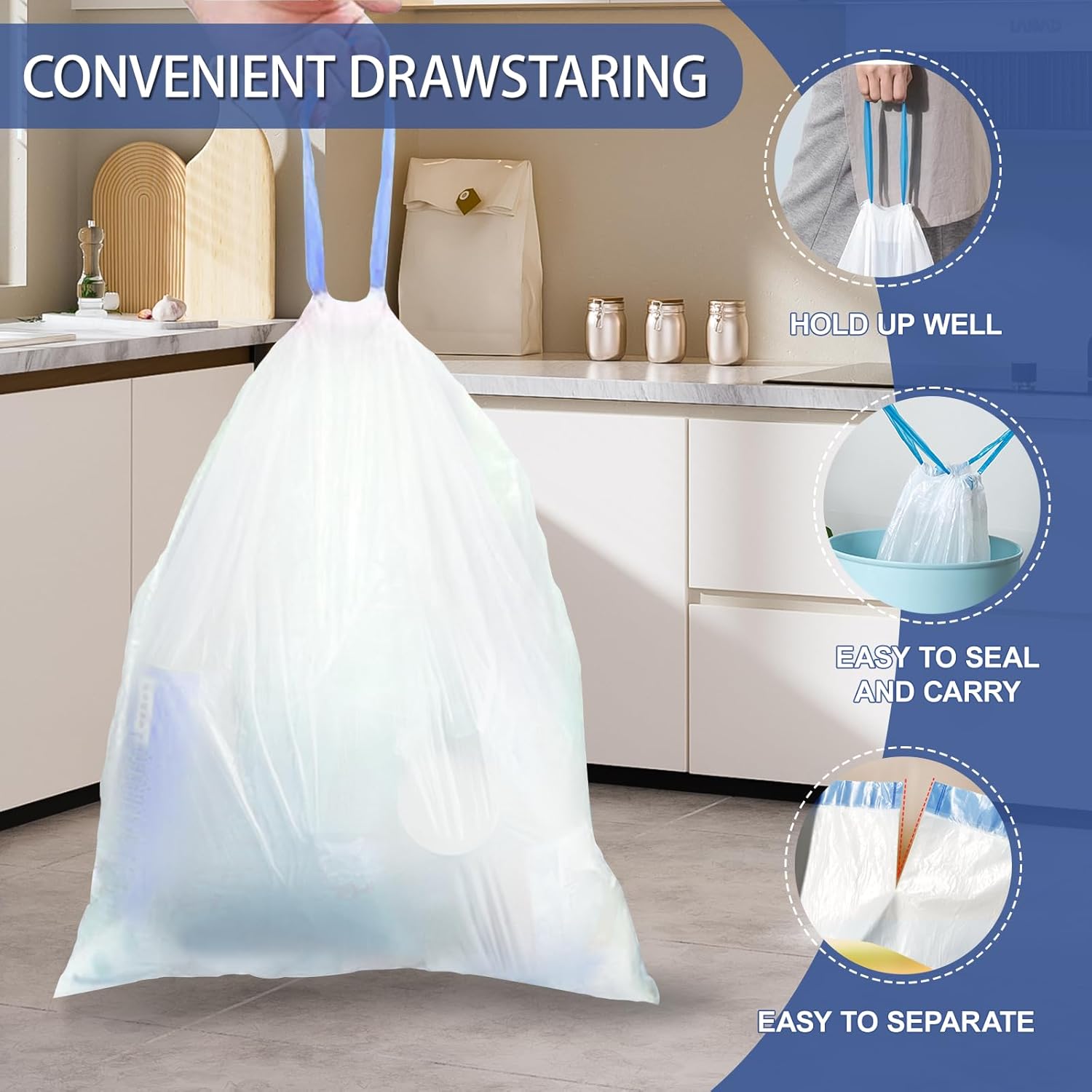 Regine Switzerland 240 Count Drawstring Trash Bags - 4 Gallon White Unscented Wastebasket Liners for Home & Office