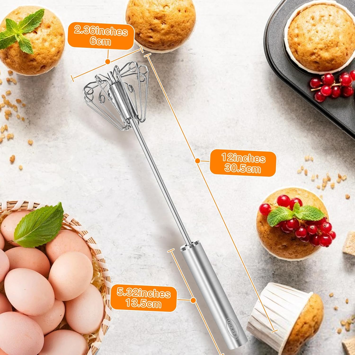 Qukaka Hand Mixer - Stainless Steel Egg Beater & Whisking Tool - 12-Inch Easy Whisk for Cooking