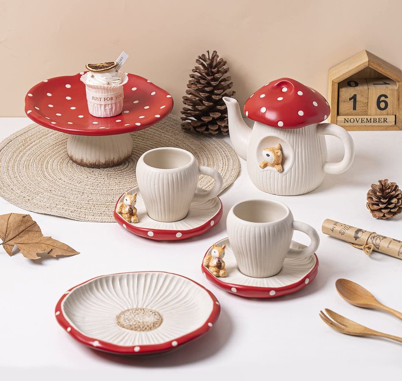 RESVUGA Cute Mushroom Teapot, Handmade Glaze Polka Dot Lid, Safety Matt Ceramic Tea Pot, With squirrel decoration. 23 oz / 680 ml. Best Gifts for Women & Girls.