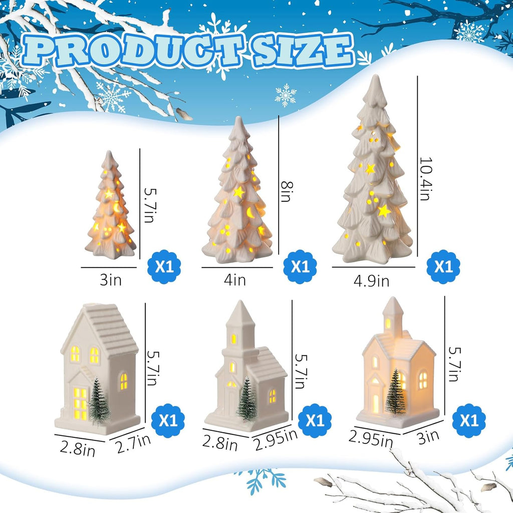 Nuogo Light Up Ceramic Christmas Trees Set - 6 Pcs White LED Trees & Glitter Snow Village Houses for Holiday Decor