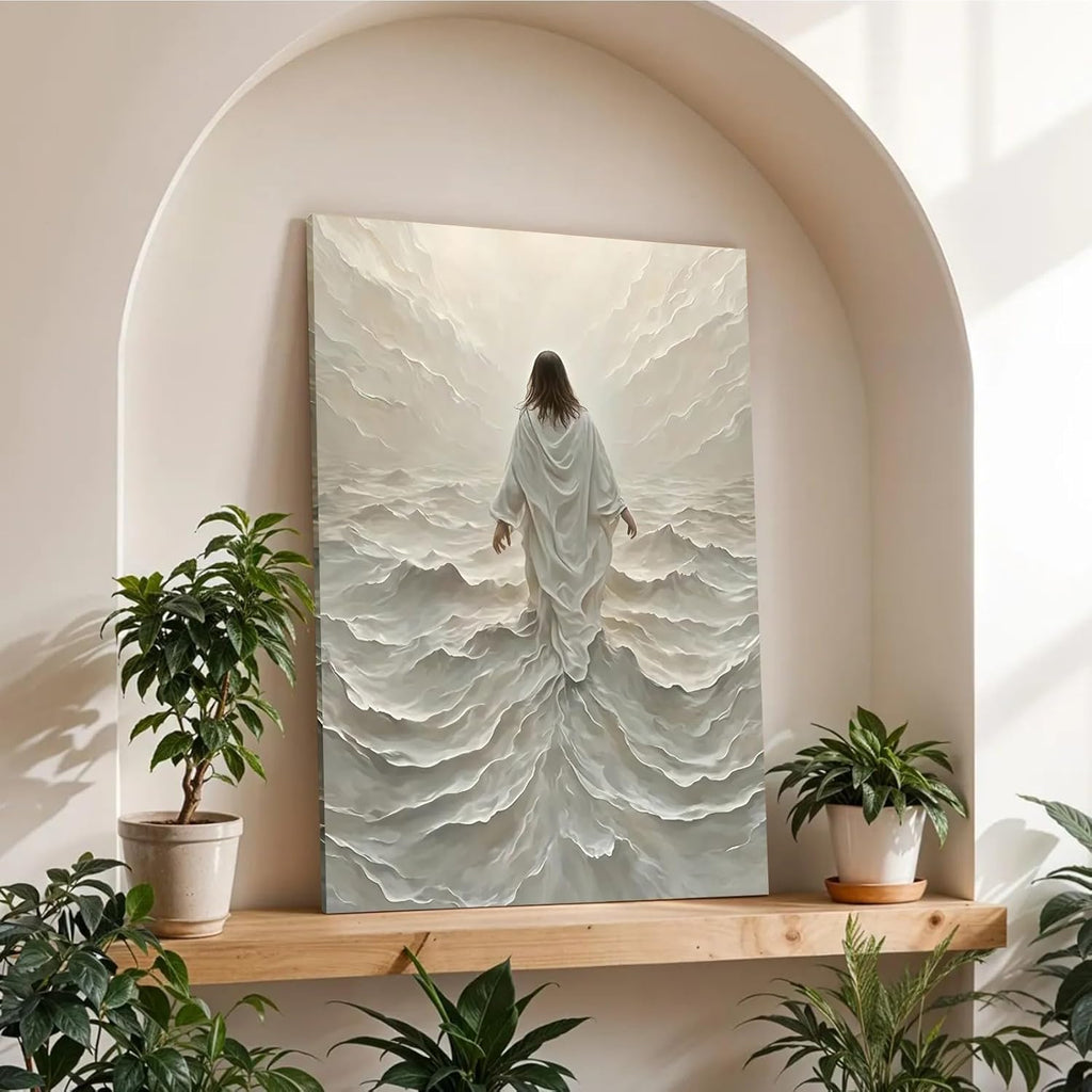 Regine Switzerland Abstract Jesus Walking on Water Canvas Art - Modern Religious Wall Decor 16x24 In