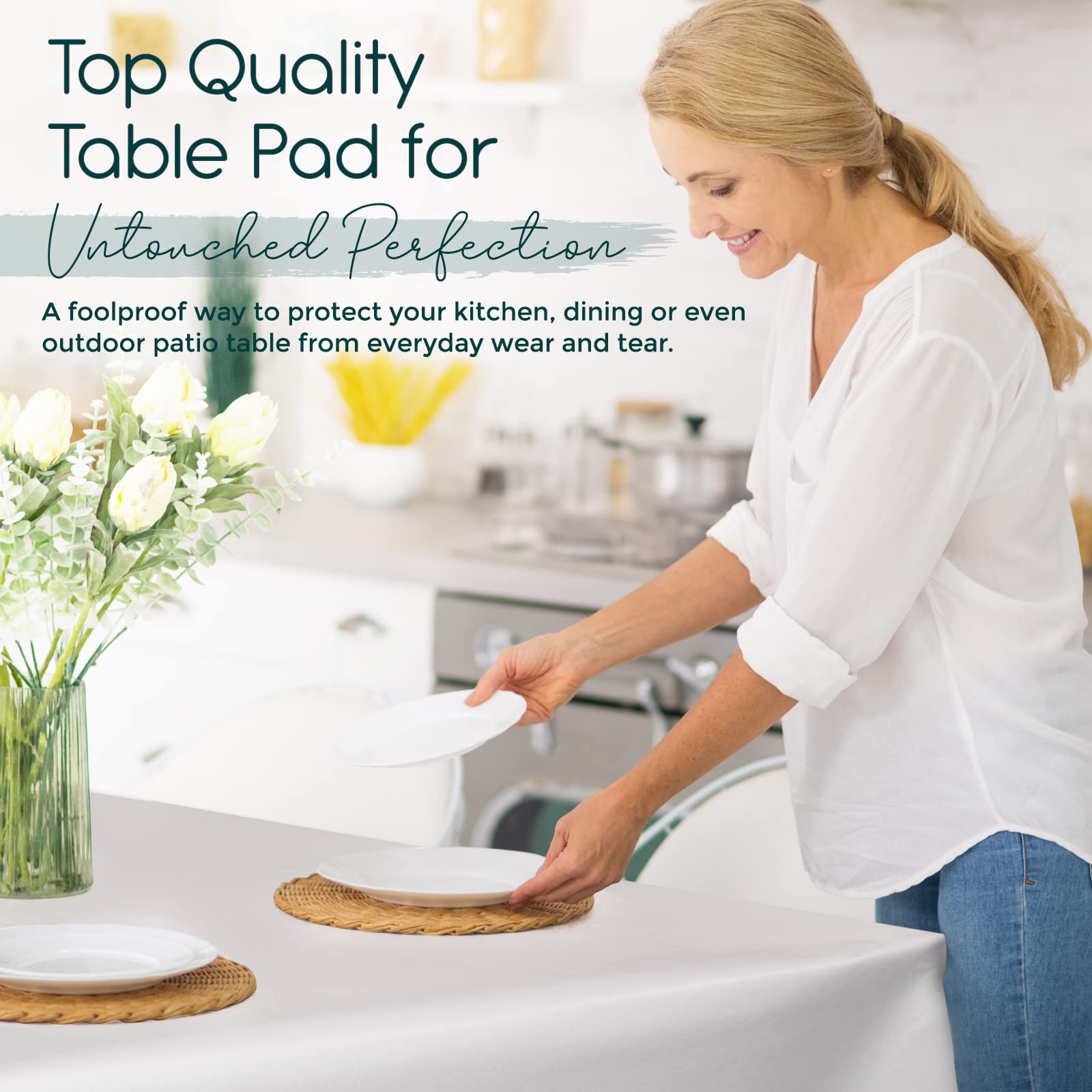 tablecloths by design - Quality Table Pad Protector, Superior Protection from Spills, Scratches & Heat - Reusable Vinyl Table Cloth with Cushion Flannel Backing (126" L x 54" W)