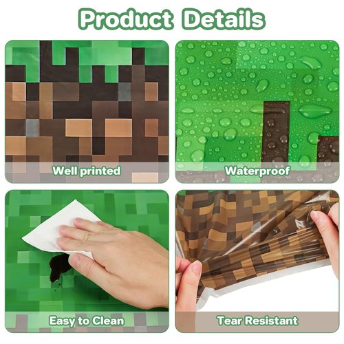 JamboRella 3PCS Pixel Gaming Tablecloth Set, 51 x 87 inches, Green and Brown Table Cover for Video Game Themed Birthday Party Decoration Supplies