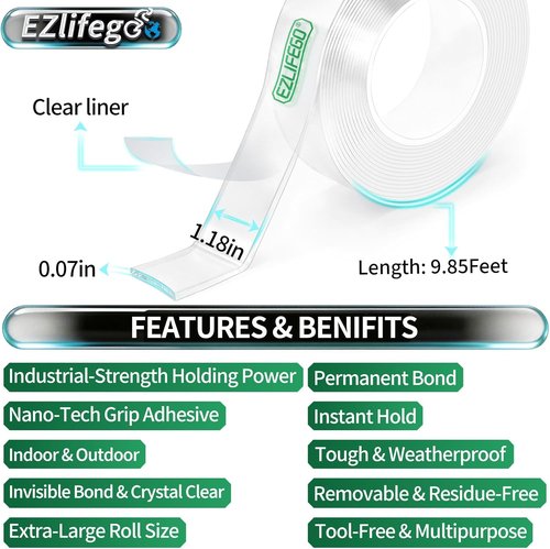 EZlifego Double Sided Tape - Heavy Duty Nano Adhesive for Picture Hanging | 9.85FT Clear Strips