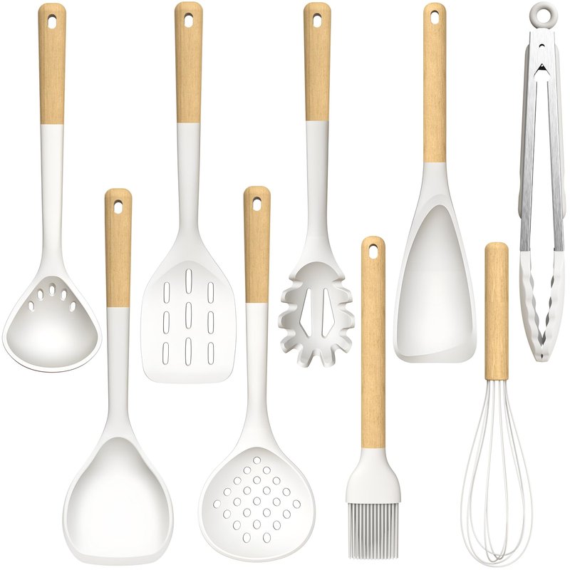 Large Silicone Cooking Utensils Set - Heat Resistant Silicone Kitchen Utensils for Cooking w Wooden Handles, Spatula Set, Kitchen Utensil Gadgets Sets for Non-Stick Cookware, BPA Free (Black)