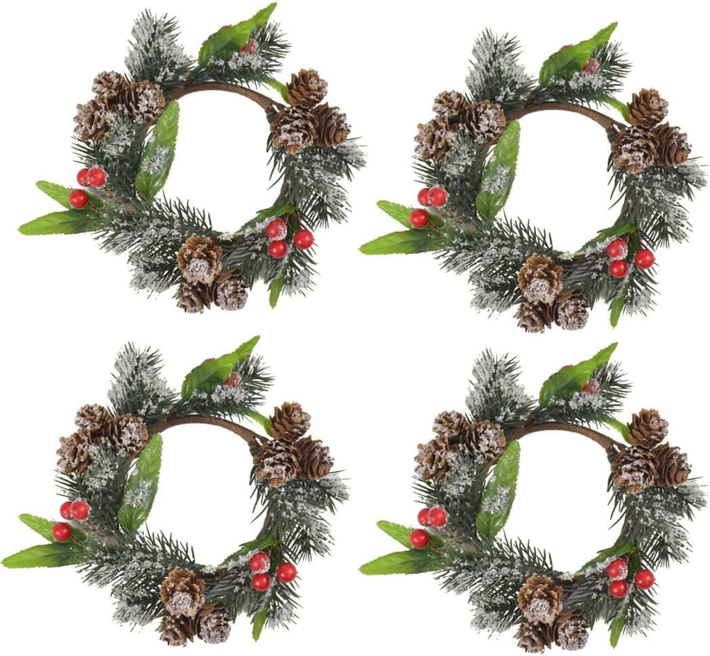 Regine Switzerland Christmas Candle Rings - Artificial Red Berries & Pinecones Decor | Set of 4, Red