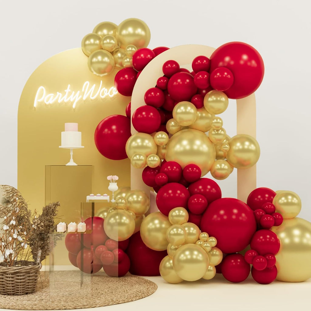 PartyWoo Ruby Red & Gold Balloons - 140-Piece Set for Stunning Balloon Garlands & Arches | 18", 12", 10", 5" Sizes