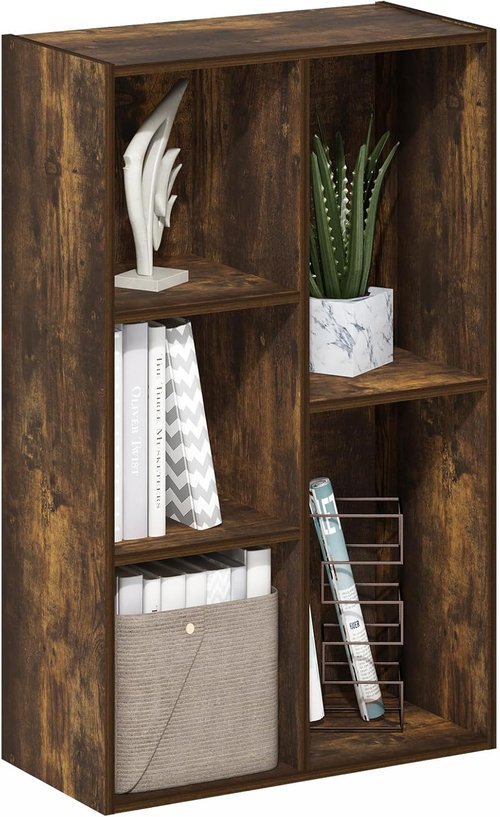 Furinno LUDER Bookshelf - 5-Cube Reversible Bookcase for Easy Assembly | Amber Pine, 9.4 x 19.5 x 31.5