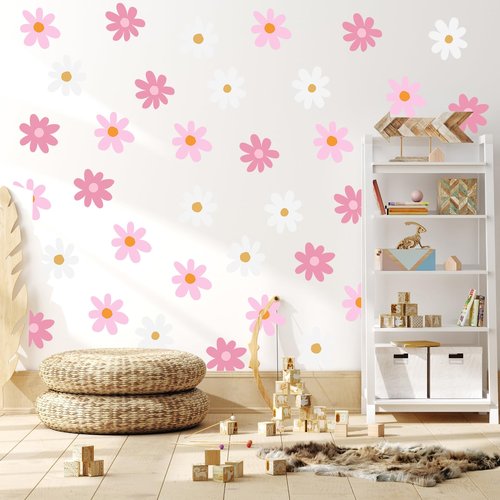 BBTO Daisy Wall Decal Flower Vinyl Wall Floral Decals Peel and Stick Daisy Stickers for Kids Nursery Art Bedroom Living Room(Pink, White)