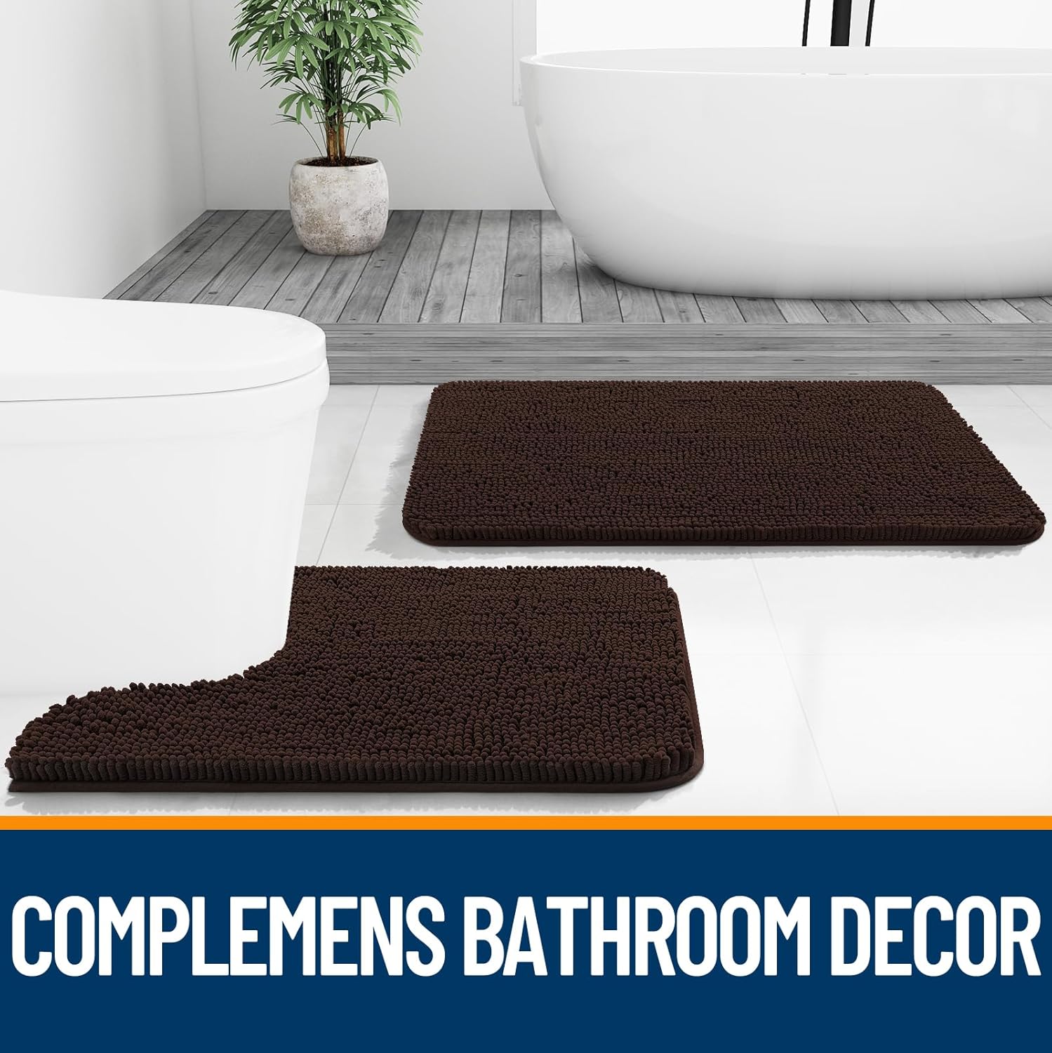 OLANLY Large Bath Rugs - Extra Soft Chenille with Quick-Dry Rubber Backing | 45x27 Inches, Brown