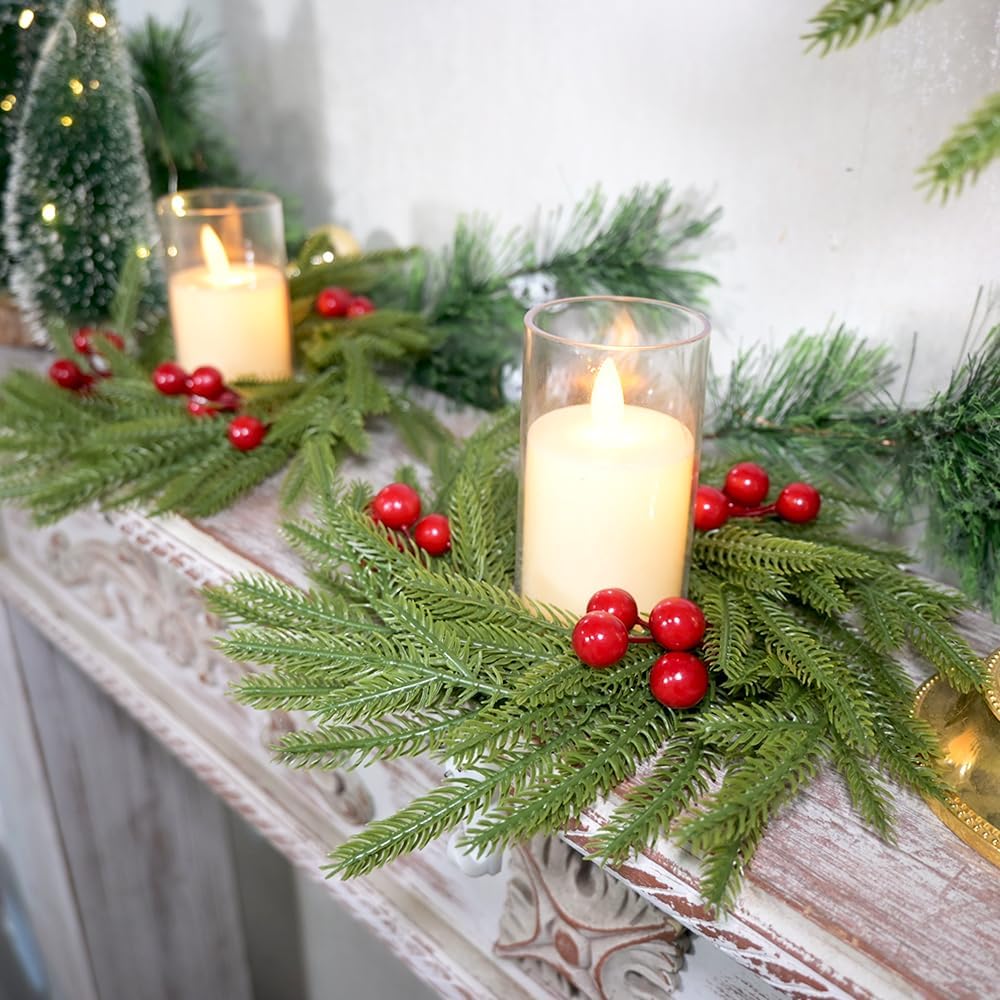 Skiennix Christmas Candle Rings - Artificial Norfolk Pine & Red Berry Wreaths | 3-Piece Set for Home Decor