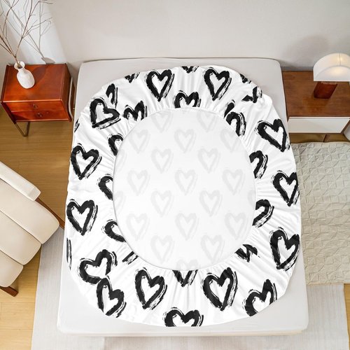 jejeloiu Heart Love Queen Size Bed Sheets Set Boys GirlsLove Pattern Sheet Set for Kids Ultra Soft Modern Sheets with Deep Pocket Fitted Sheet Black White Bedding Set Room Decor