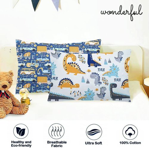 Kid Toddler Pillowcase, 2 Packs Organic Cotton Pillow Cover for Girl, 14x20 Pillowslip Case for Sleeping Fits Pillows Sized 13x18 or 14x19, Envelope Closure Travel Pillowcase (Dinosaur, Car