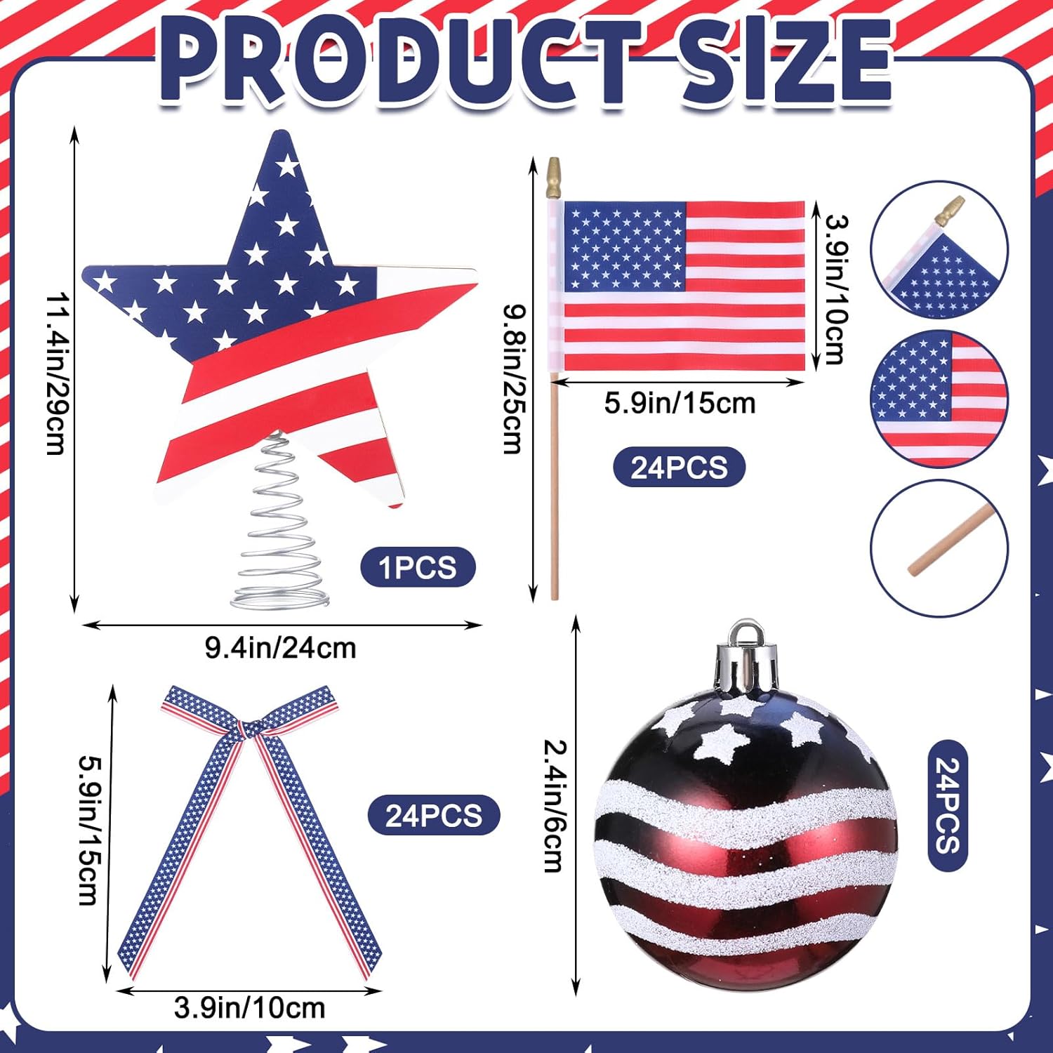 Seematn 73 Pcs Patriotic Ornaments - 4th of July Tree Decorations with Flag Stars & Bows