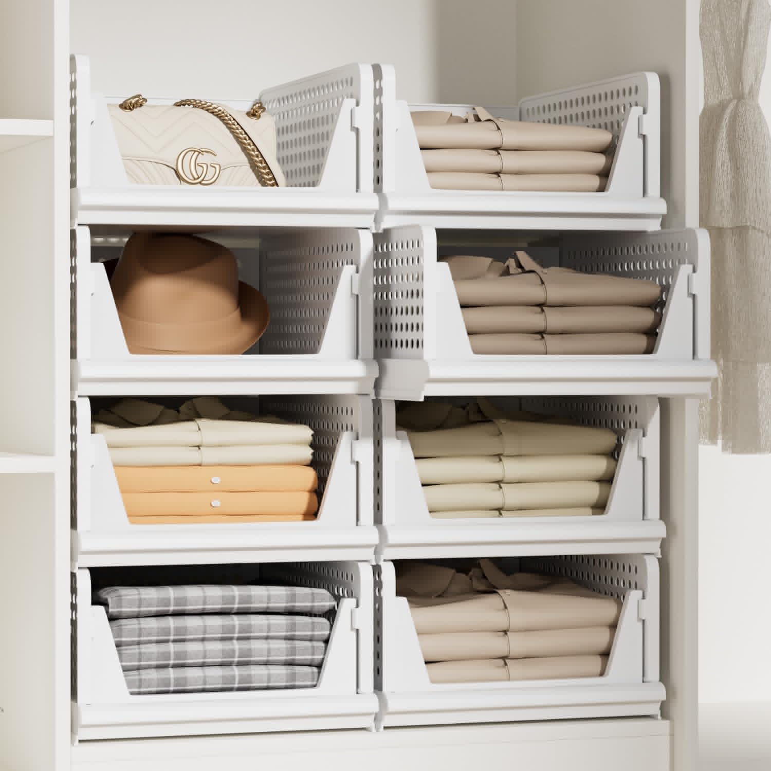 Proarea Stackable Storage Bins - 5 Pack Foldable Closet Organizer Baskets for Clothes | White