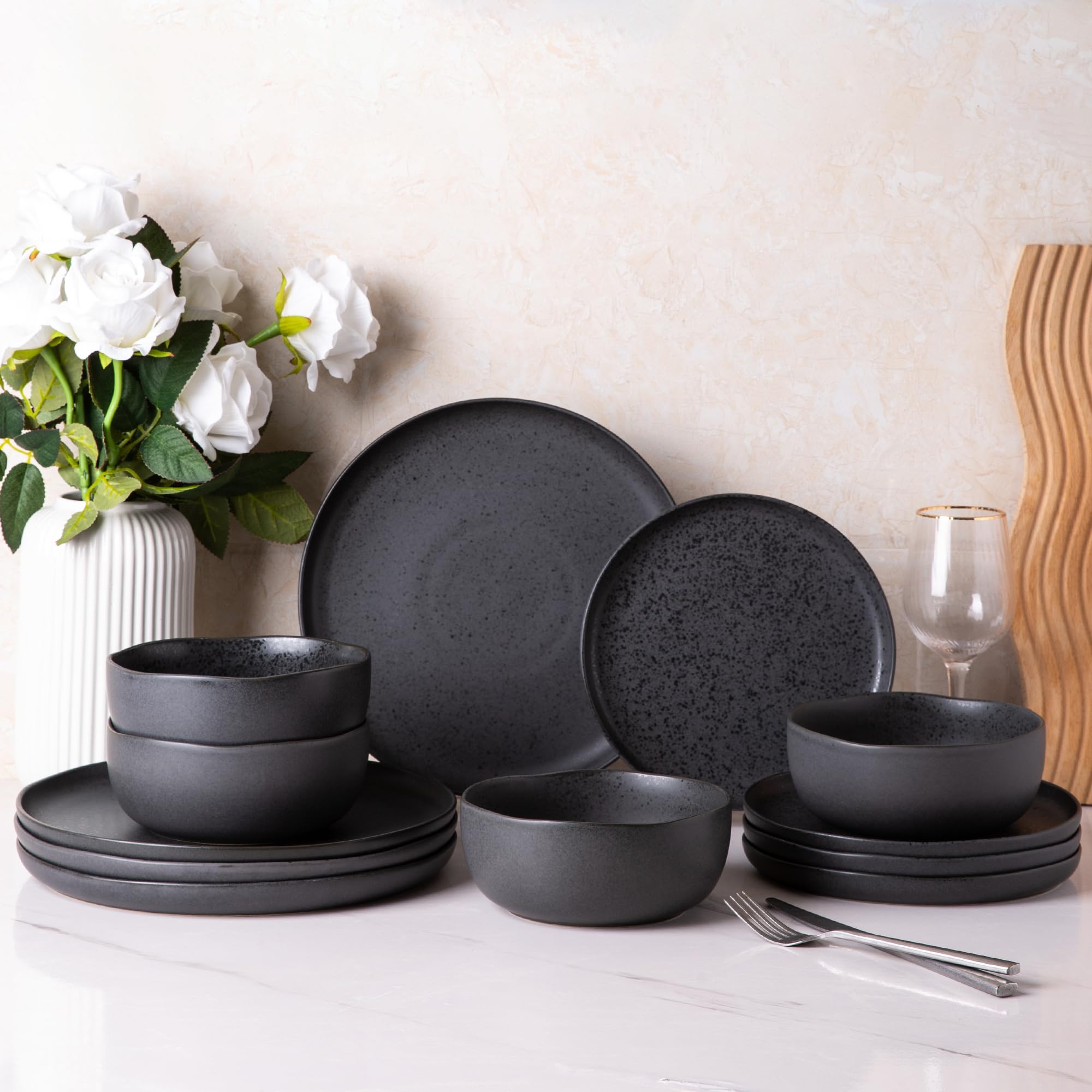 AmorArc Ceramic Dinnerware Sets, Wavy Rim Stoneware Plates and Bowls Sets,Dishwasher & Microwave & Oven Safe Dishes set, Service for 4 (12pc)-Charcoal Matte