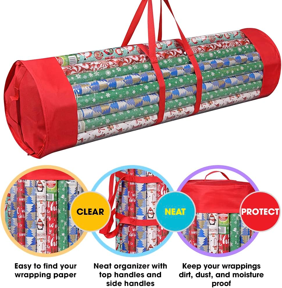 ProPik Gift Wrap Organizer - Heavy Duty Wrapping Paper Storage Bag for 24 Rolls | 40 Inch Long, Red & Clear