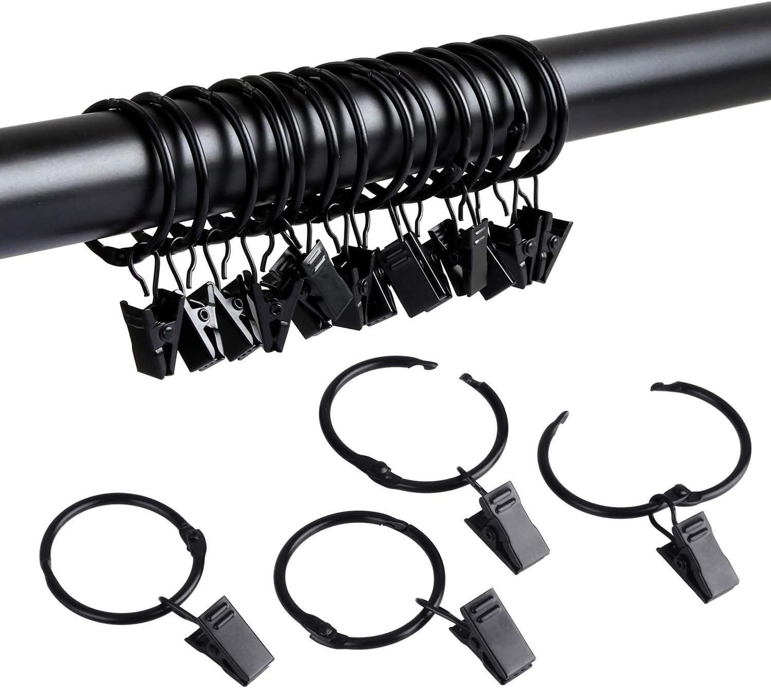 SPLF Metal Curtain Rings - 36 Pack Heavy-Duty Rustproof Clips | 1.22 Inch Interior Diameter, Black