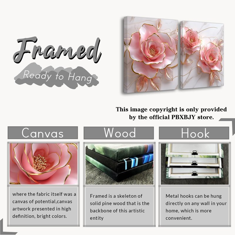 PBXBJY Pink Rose Flower Wall Art Modern Wall Decor Abstract Gold and Pink Canvas Painting Floral Marble Prints for Bedroom Bathroom Decor ((16.00" x 24.00" x 2PCS))