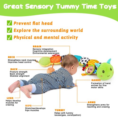 Baby Sensory Toy - Plush Caterpillar Music Toy with Mirror & Crinkle Rattle for Infants 0-6 Months