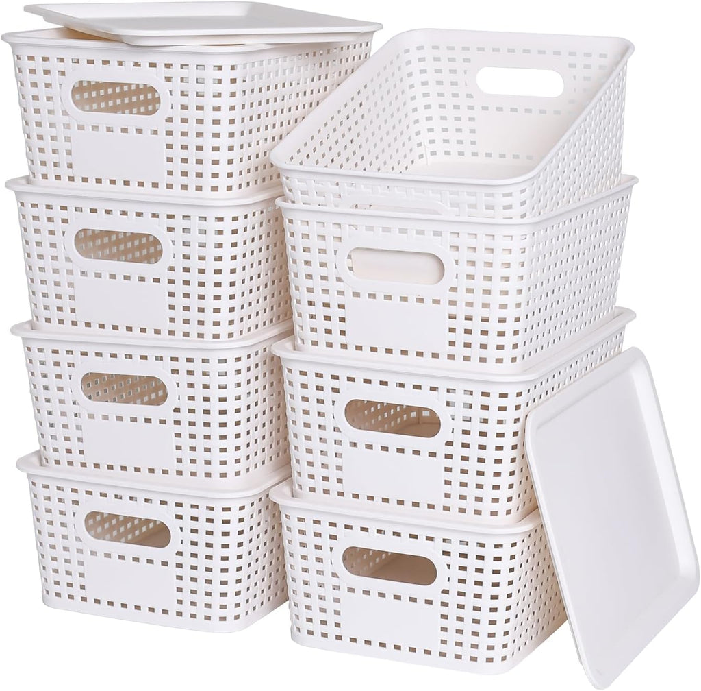 Plastic Storage Baskets with Lid - Stackable Organizing Bins for Home & Office | 8 Pack, White, 10.2x7.2x4.1 Inch