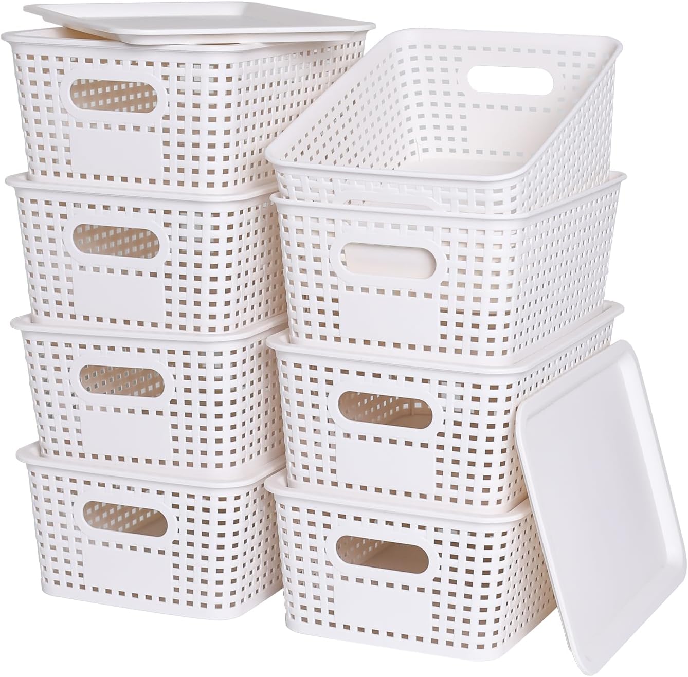 Plastic Storage Baskets with Lid - Stackable Organizing Bins for Home & Office | 8 Pack, White, 10.2x7.2x4.1 Inch