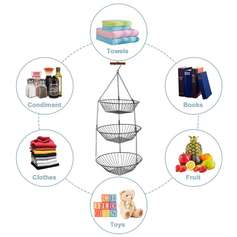 JUNCHU CHERRY 3-Tier Wire Fruit Hanging Basket 2 Packs,non-Punching Wall Hanging Storage,Kitchen Bathroom Organization Basket,Suitable for Bathroom,Kitchen,Closet,Garden,Black