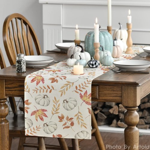 Artoid Mode Orange Pumpkins Fall Maple Leaves Fall Table Runner, Seasonal Autumn Kitchen Dining Table Decoration for Home Party Decor 13x120 Inch