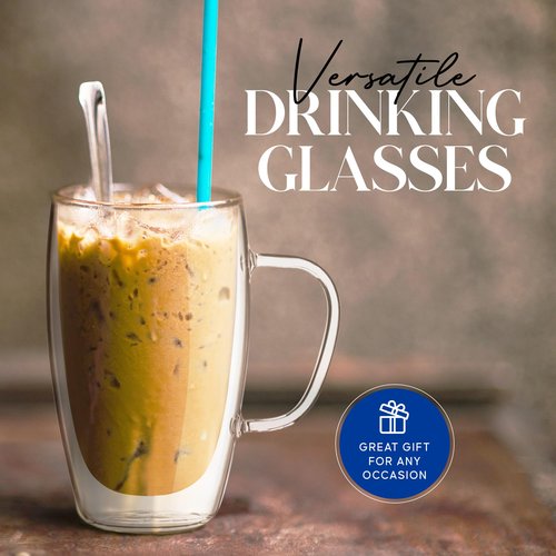 Kitchables Double Wall Glass Coffee Mugs Bundle Set of 2, 15oz and Set of 2, 12oz with Handle Insulated Glass coffee Mug Clear coffee Mugs