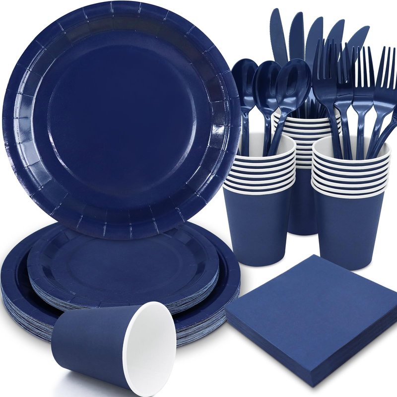 Gudvilla 168pcs Black Paper Plates and Napkins for Halloween Birthday Anniversary Decorations, Black Plates Disposable Dinnerware Sets for Party Supplies and Party Decorations Serves 24