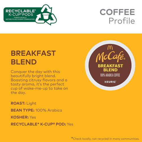 McCafe Breakfast Blend Coffee Pods - Light Roast Single Serve Keurig K-Cups | 60 Count (6 Packs of 10)