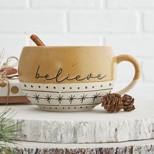 Faithworks Scandi Christmas Mugs - Handcrafted Jumbo Stoneware Holiday Mug for Coffee or Soup, 16-Ounce, Believe