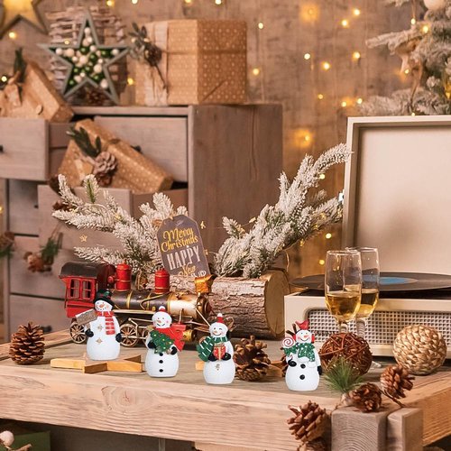 MEETYAMOR Christmas Snowman Ornaments - 4 PCS Rustic Resin Decor for Table & Home | Miniature Collectibles