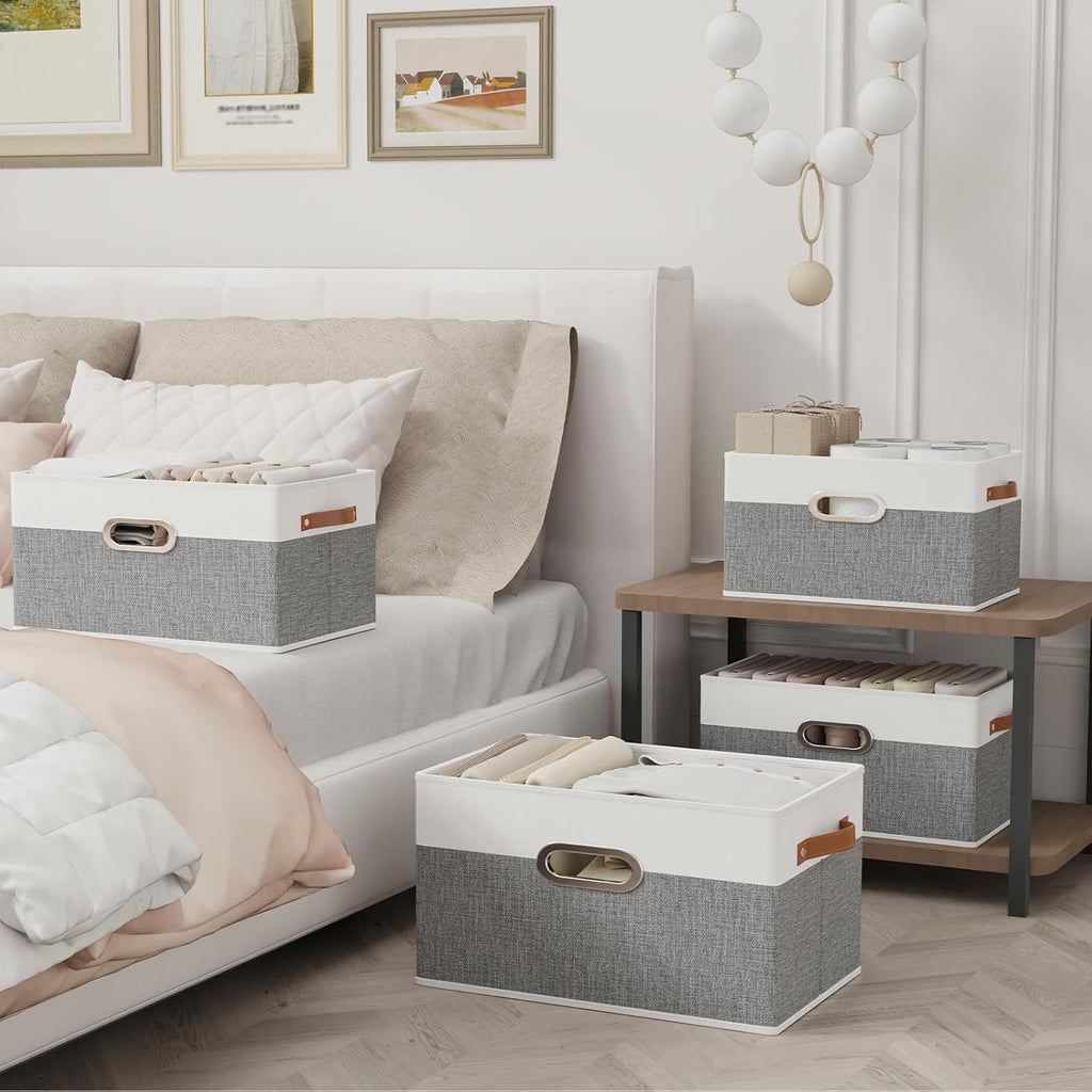 Yawinhe Fabric Storage Baskets - Foldable Closet Organizer with 3 Handles | Large Canvas Bins, White/Grey, 4-Pack (12.99''L x 9.05''W x 7.87''H)