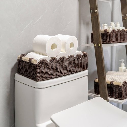 CubesLand Paper Rope Storage Basket - Scalloped Edge Design for Organizing | Brown with Wood Handle