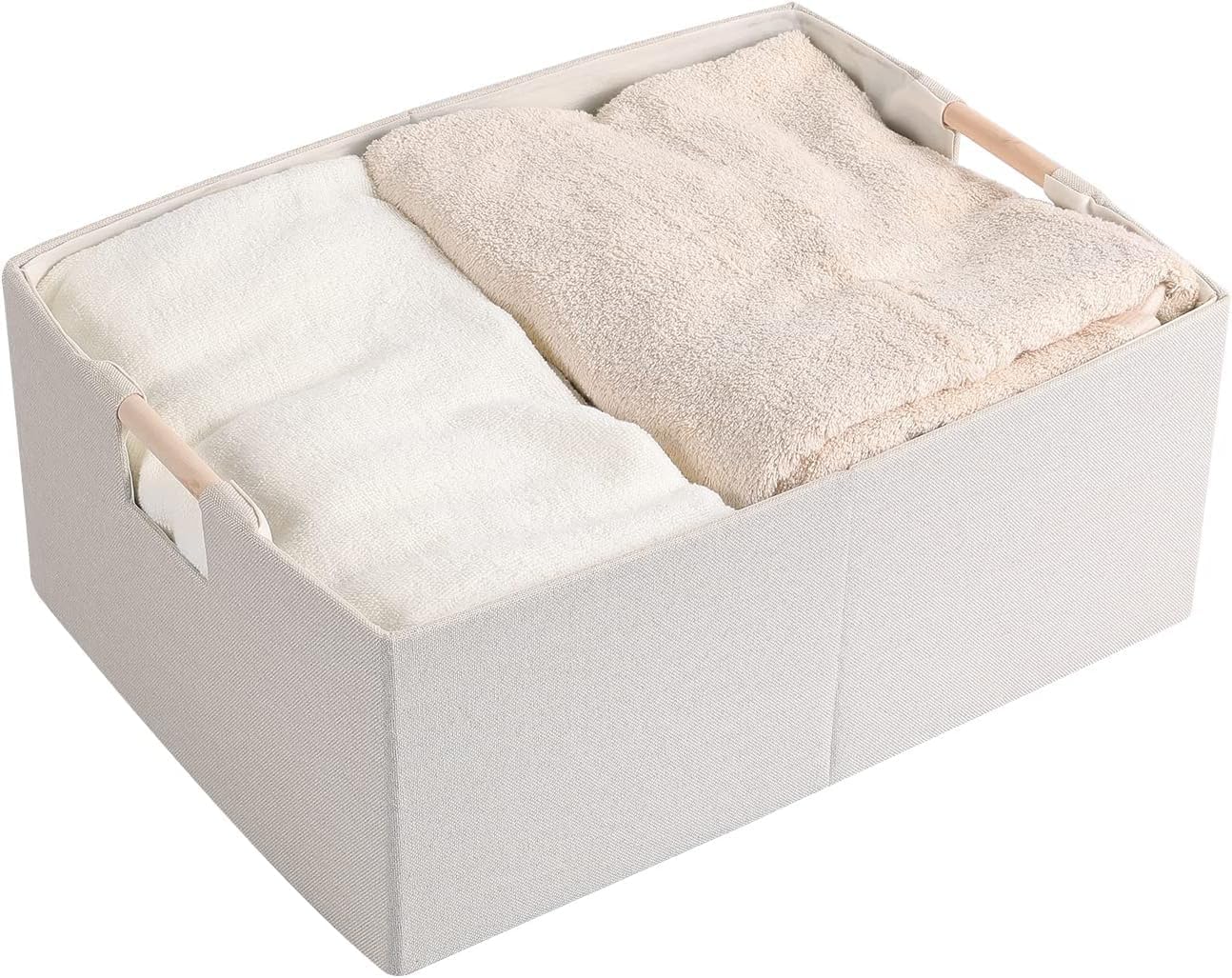 Skiennix Fabric Storage Bins - Foldable Cotton Linen Baskets with Wooden Handles | Beige, Small (3 Pack)