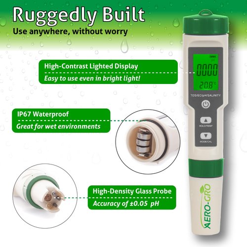 AERO-GRO Digital 5-in-1 Meter: 5 Functions: pH, TDS, EC, Salinity%, Salinity ppm, and Temp, IP67 Waterproof, Pen-Type Tester for Hydroponics, Water, Wine, Spas, Aquariums