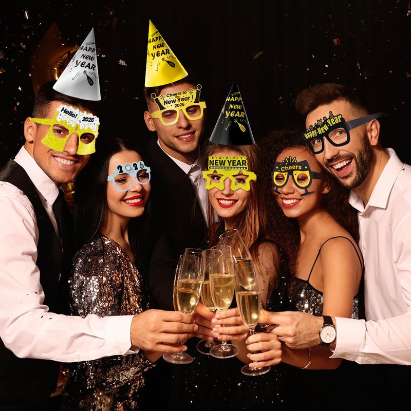 New Years Eve Party Supplies 2026 - Happy New Year Party Supplies Kit for 50 Guests, Including Hats, Glasses, Les, Beads, Squakers, a Backdrop and a Banner, Great New Yeras Decorations