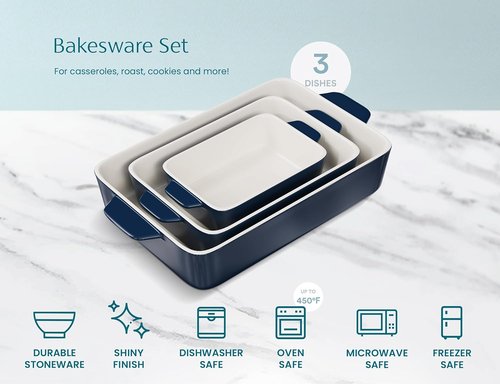 Kook Casserole Dish Set - Durable Ceramic Baking Pans with Handles | 3 Sizes: 92oz, 50oz, 20oz - Navy