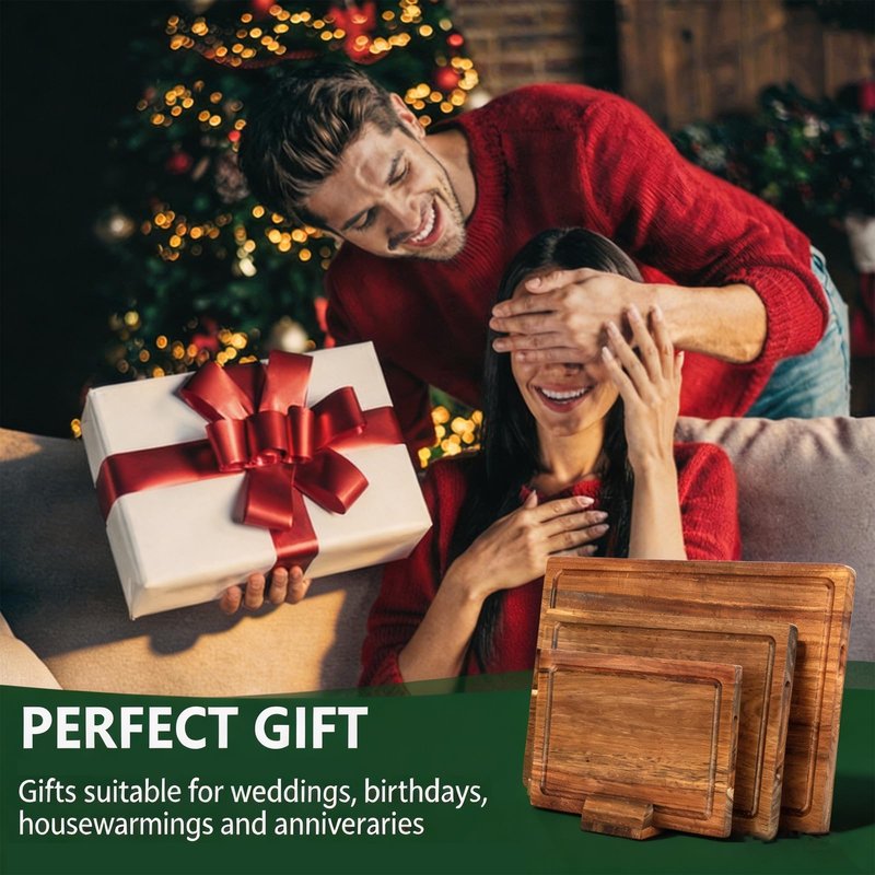 Acacia Wood Cutting Boards for Kitchen Set of 3, Chopping Board with Holder, with Deep Juice Groove Grip Handles, Charcuterie Boards, for Meat, Vegetables and Fruits and Cheese (Set B of 3)