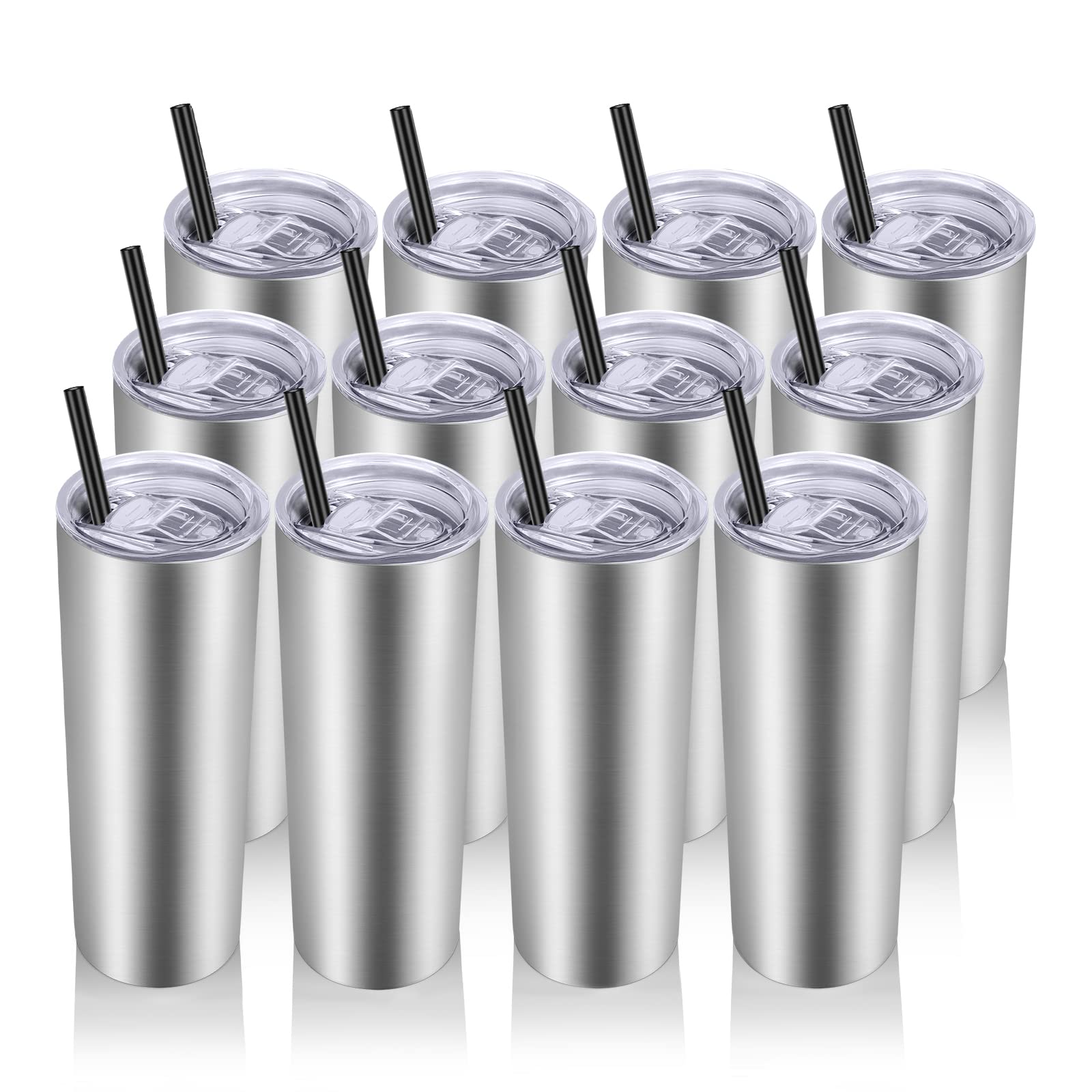 VEGOND Stainless Steel Tumblers Bulk 12 Pack, 20 oz Vacuum Insulated Skinny Tumblers with Lids and Straws, Double Wall Slim Tumbler, Travel Water Cup