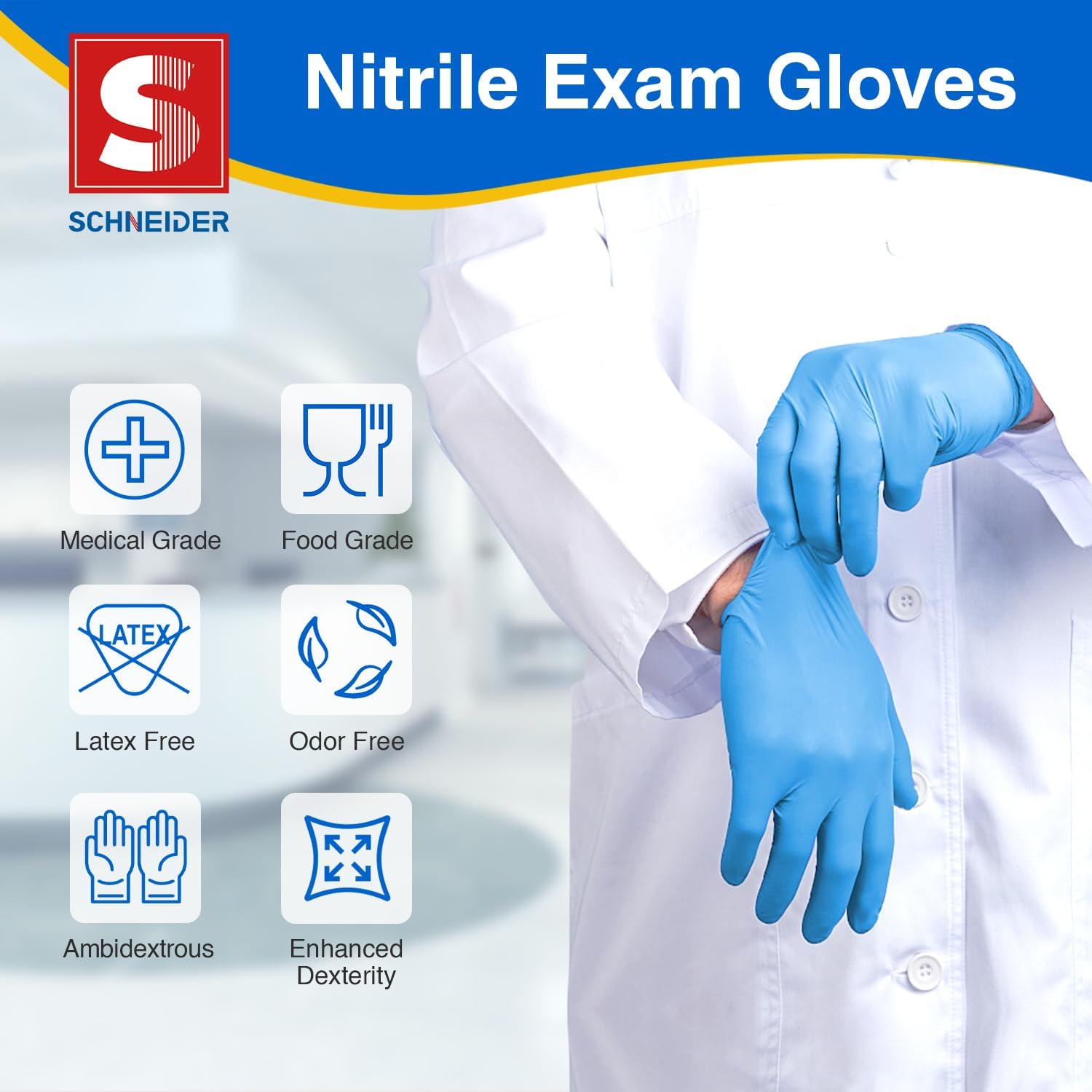 Schneider Nitrile Exam Gloves - Medical Grade Blue Disposable Latex-Free Rubber Gloves for Food Prep