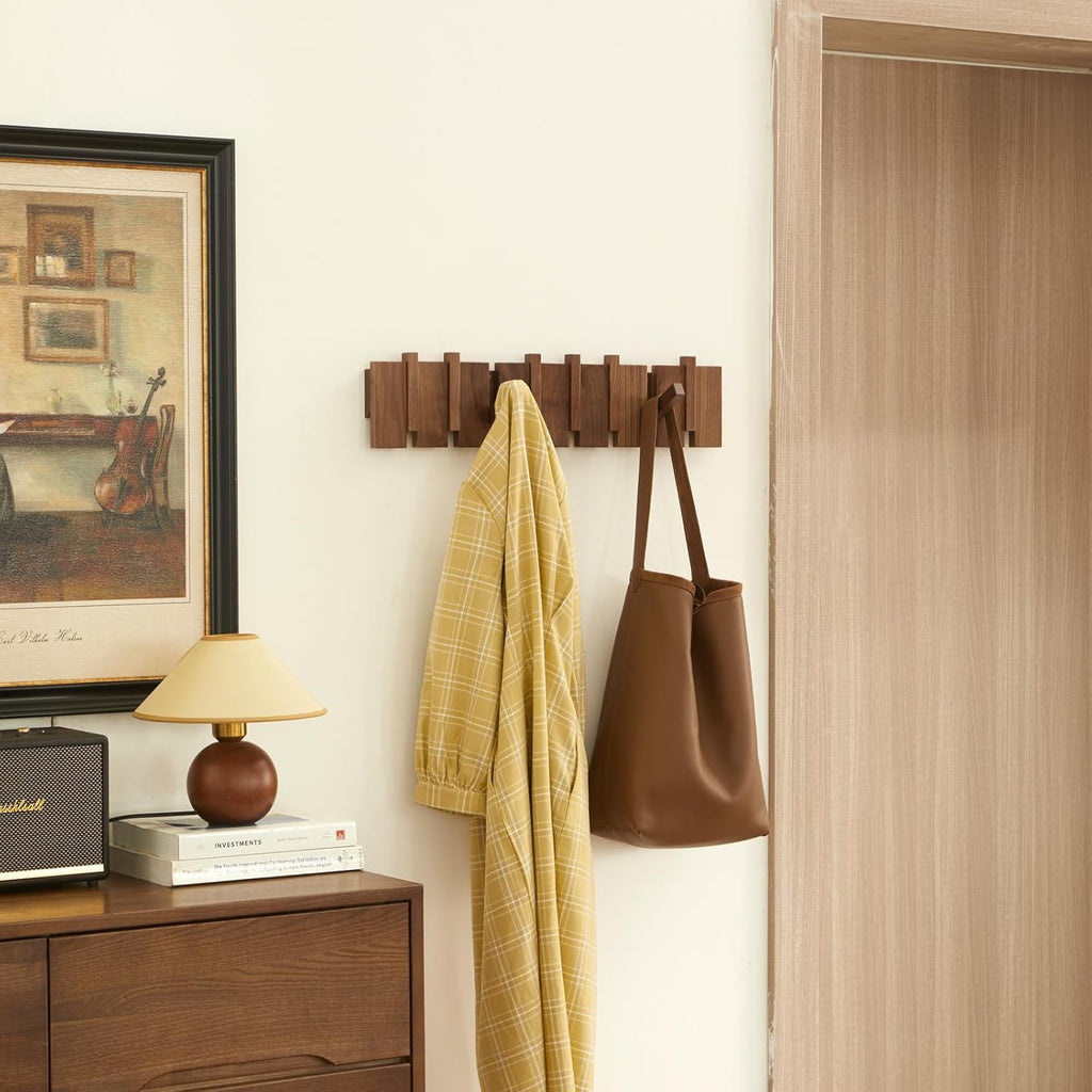 Quellance Wood Coat Rack - Heavy Duty Wall-Mounted Hanger with 8 Hooks - Walnut Finish for Coats, Keys & More