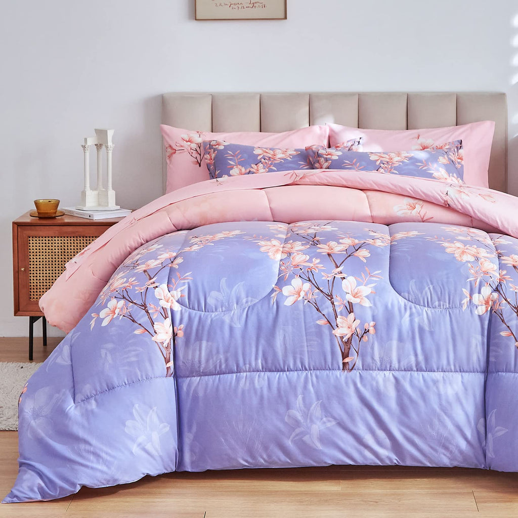 AIKASY Pink and Light Purple King Comforter Set with Sheets,Bed in a Bag 7-Pieces,Branches and Flowers Printing Design,Ultra Soft Down Alternative All Season Bedding Set(King,Blossom Stem)