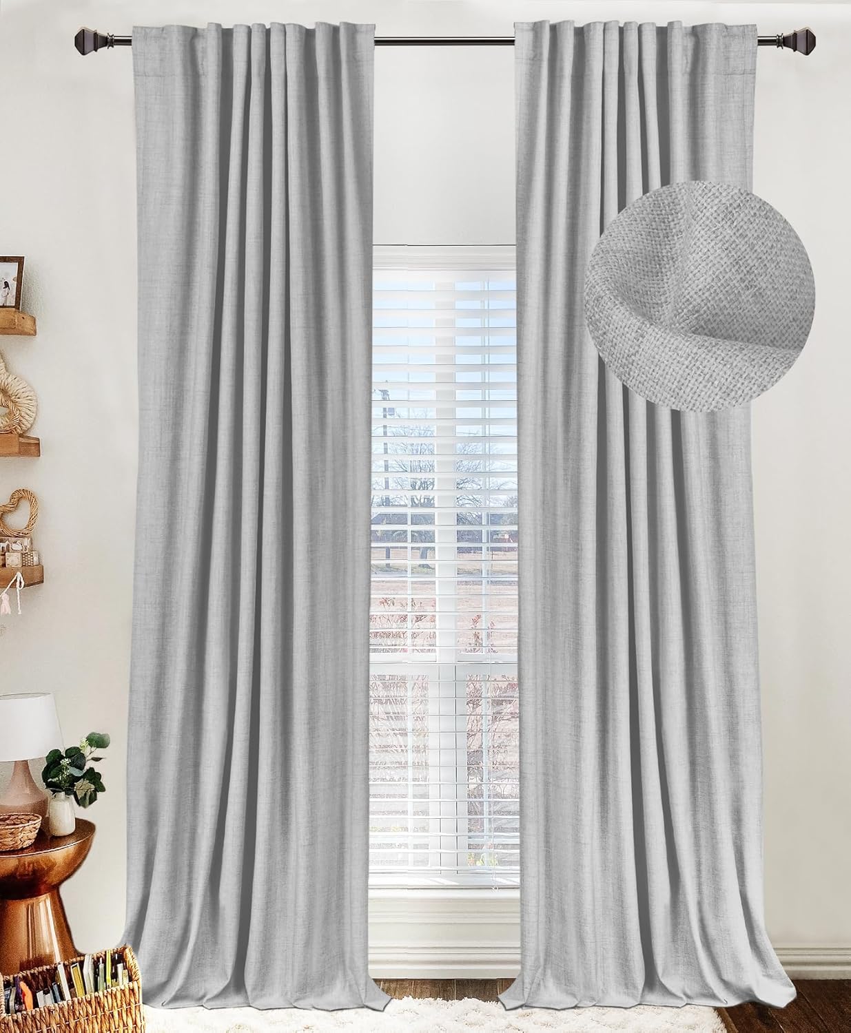 Skiennix 100% Blackout Linen Curtains - Thermal Insulated Drapes for Bedroom | 63" Long, Grey, 2 Panels Set
